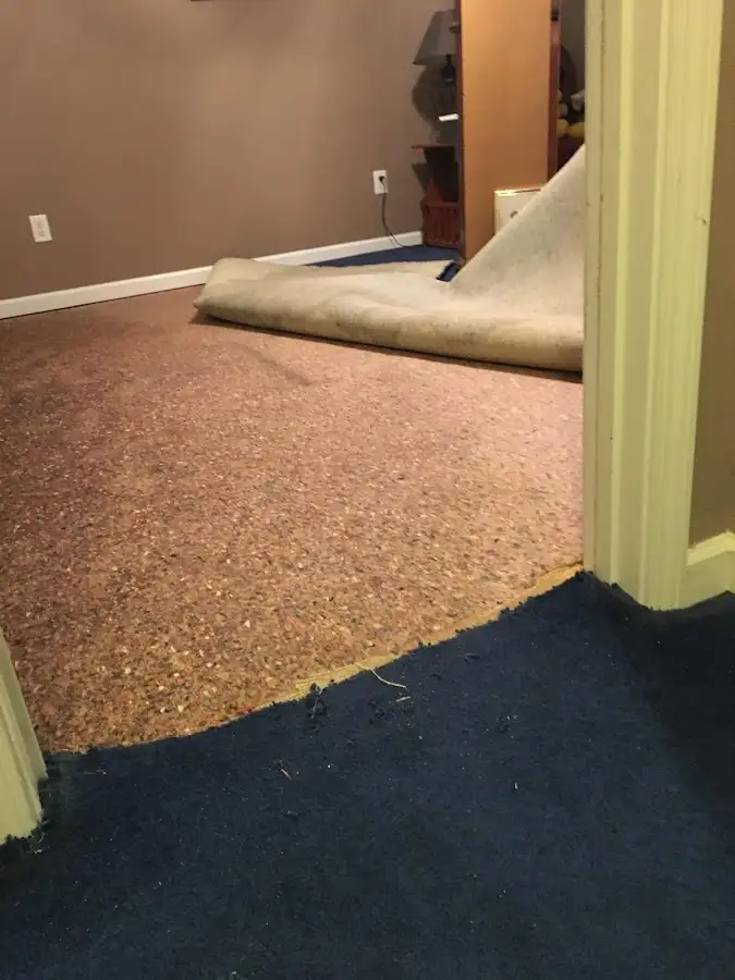 Carpet pad removal revealing water damage during Water Mitigation Services in Miramar Beach